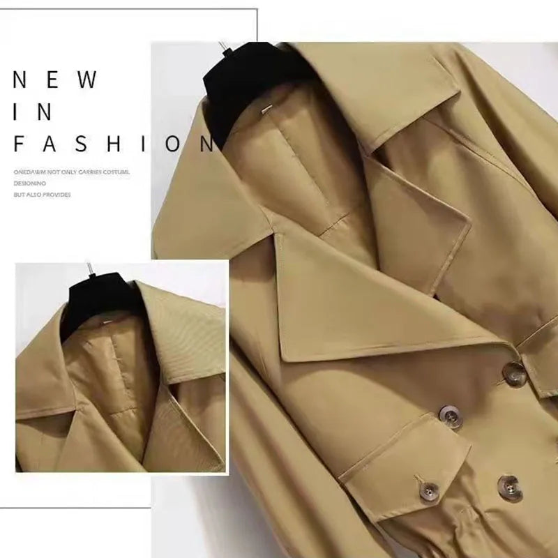 2026 New Collection Women's Short Trench Coat British Style Lapel Double-Breasted Drawstring Waist Jacket Autumn Casual Outwear