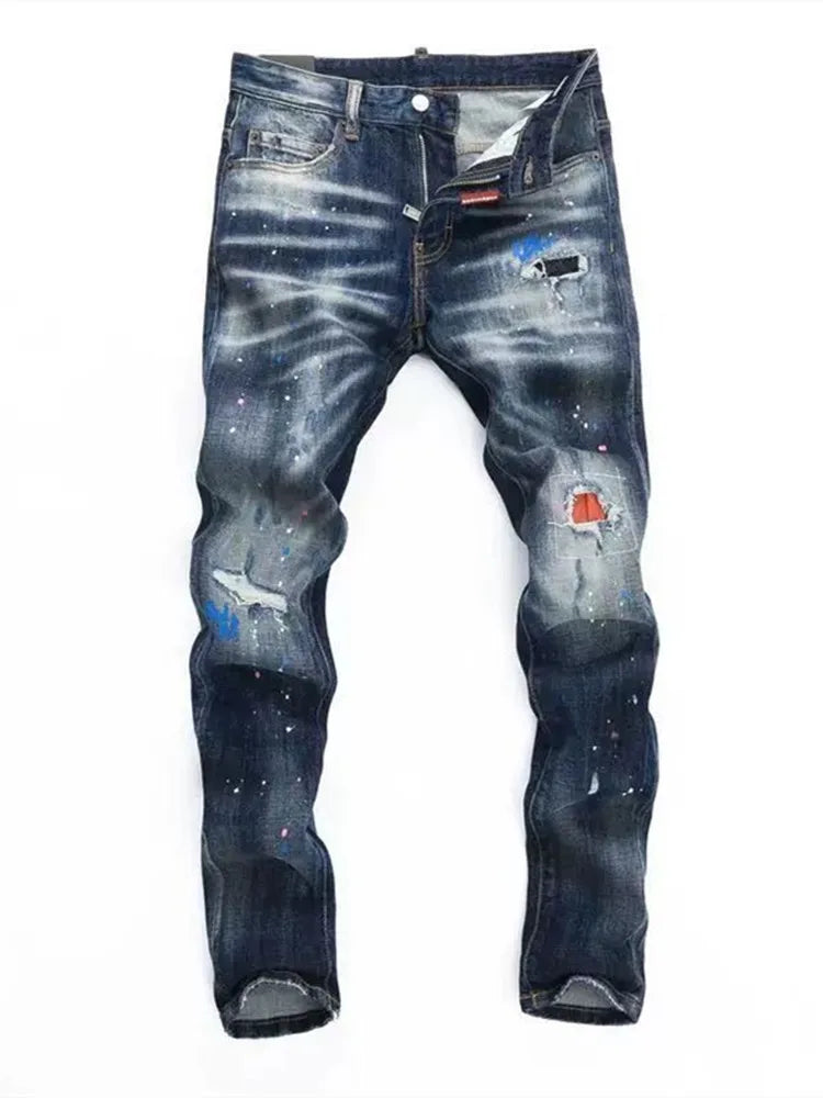 Autumn and Spring New Fashion Trend Retro Ripped Straight Leg Elastic Denim Pants for Men Casual Sports High Quality Jeans