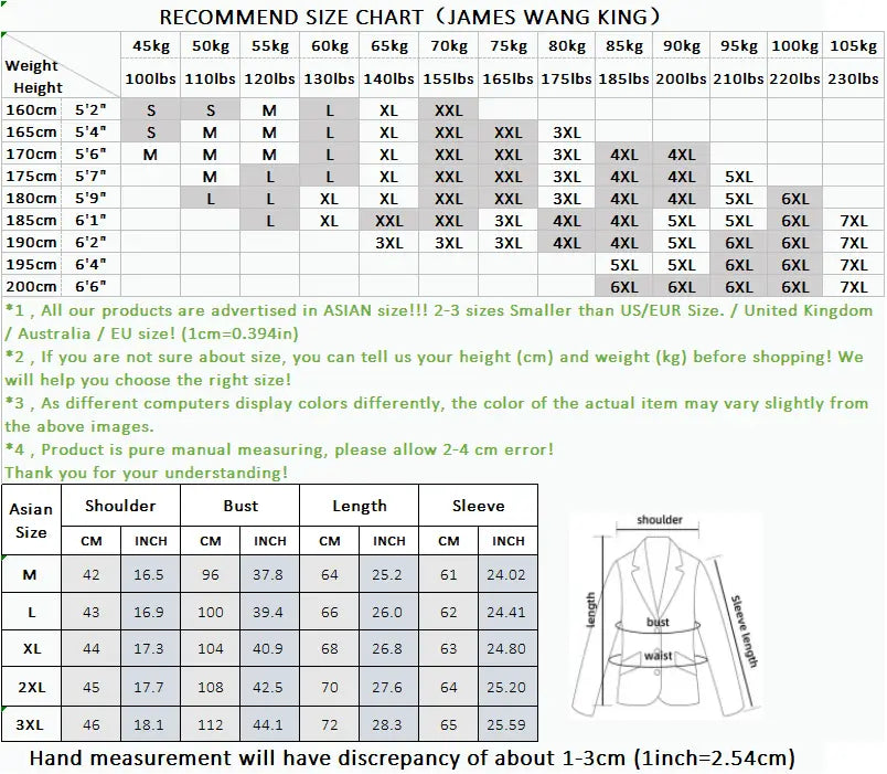James Wang King Größentabelle für Damen: Slim-Fit-Sakko aus silbernem Paisley mit einreihiger Knopfleiste, detaillierten Schulter-, Brust- und Ärmellängenmaßen in asiatischer Größe für elegantes Freizeit-Outfit.