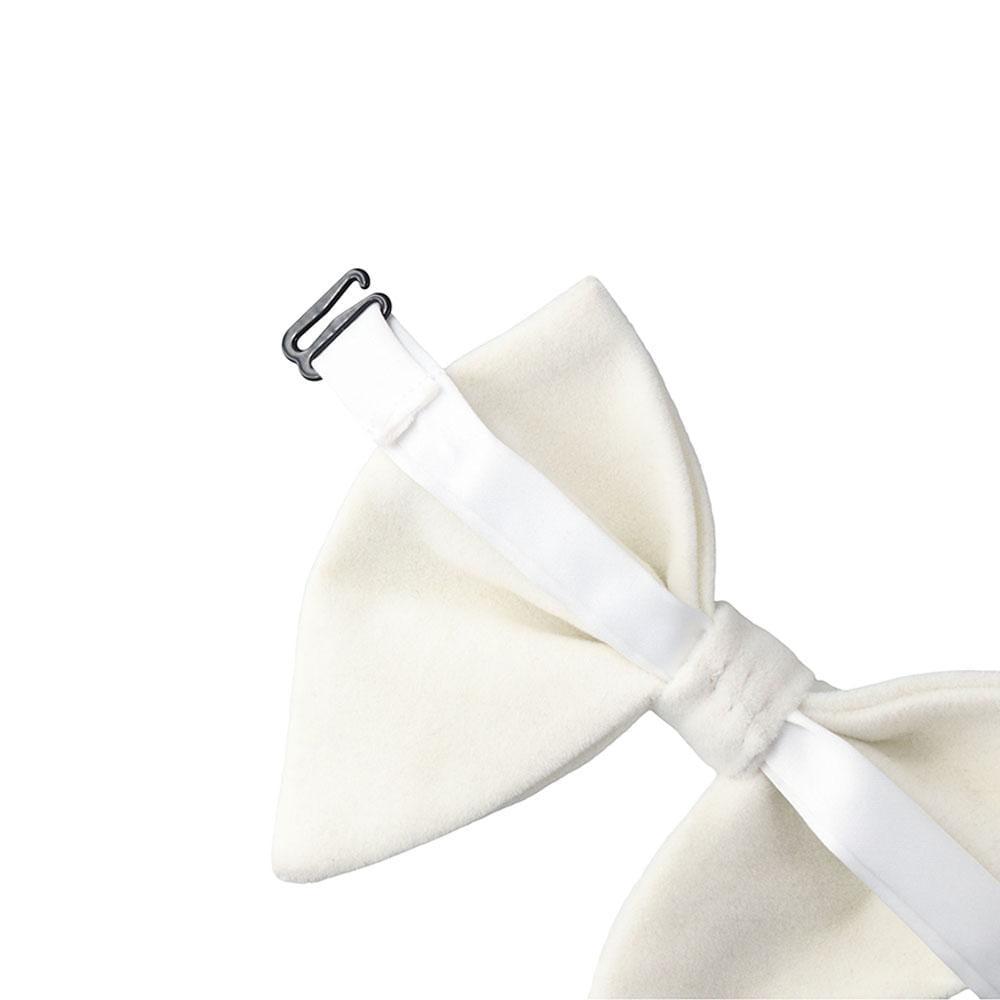 Cream-colored satin velvet bow tie with matching adjustable strap and silver-toned metal clasp for formal neckwear gift.