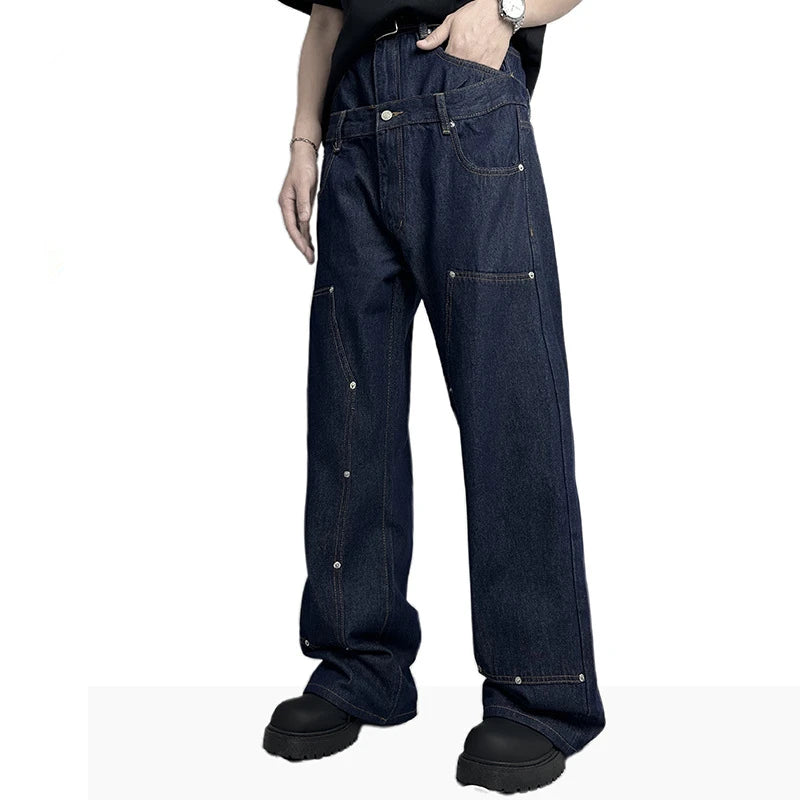 New Men Raw Denim Wide Leg Jeans Double Layer Waist Rivet Carpenter Pants Loose Straight Leg Dark Blue Casual Baggy Bottoms