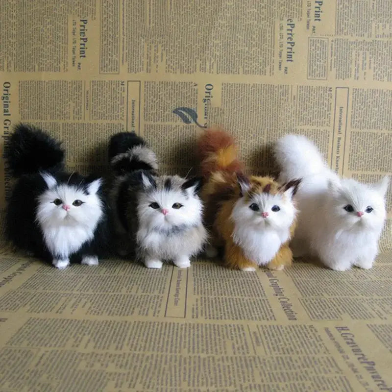 Five plush long-haired persian-style simulation cat plush toys in black-and-white gray-and-white orange-and-white and solid white soft stuffed animal designs.