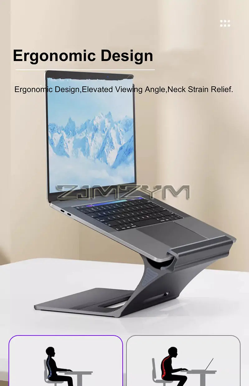 silver aluminum laptop stand with a sleek angular design and adjustable desk holder for ergonomic use