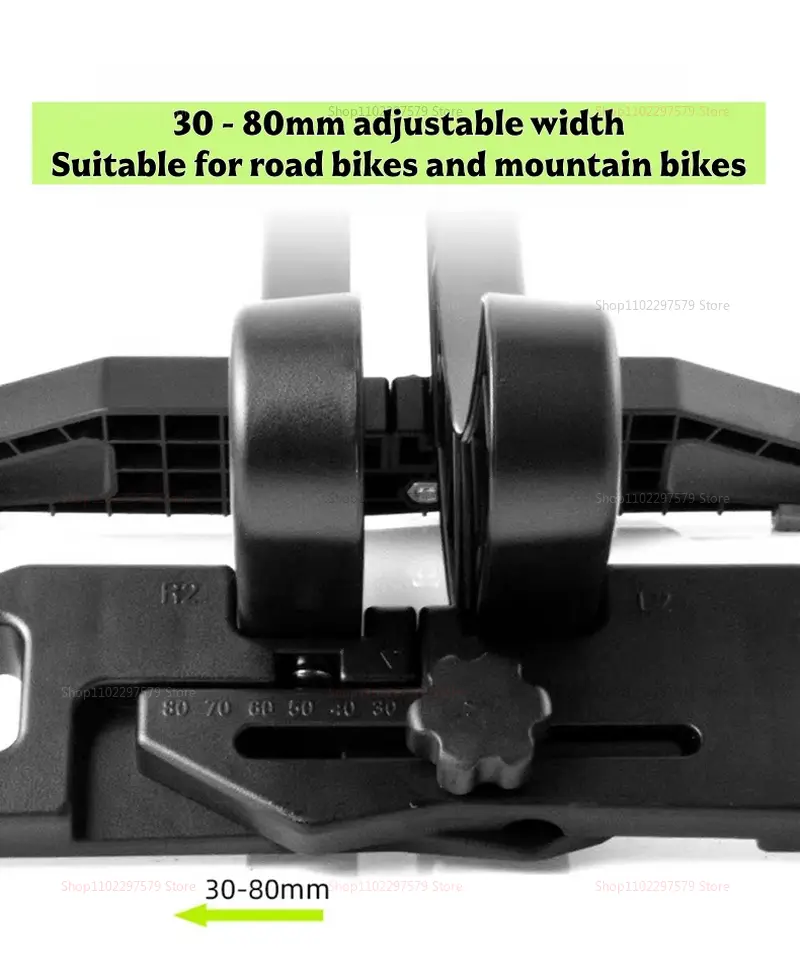 Support de stationnement pour vélo réglable en plastique noir et porte-rack de rangement, la largeur étant réglable de 30 à 80 mm, conçu pour les vélos de route et les vélos tout-terrain.