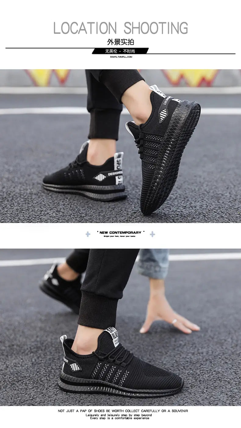 Herren-Atmungsaktive legere Strick-Sneaker aus schwarzem Mesh mit weißen Branding-Details und einer strukturierten Gummisohle, ausgelegt für sportliche Nutzung