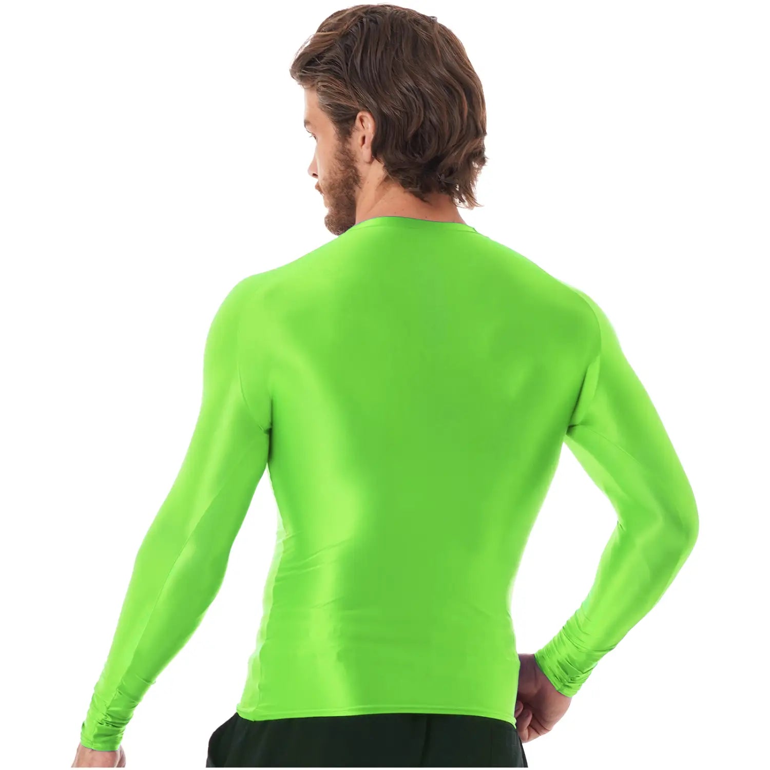 Camiseta de compresión para hombre de manga larga y acabado brillante en verde neón vibrante, con acabado brillante, diseñada para el rendimiento atlético.