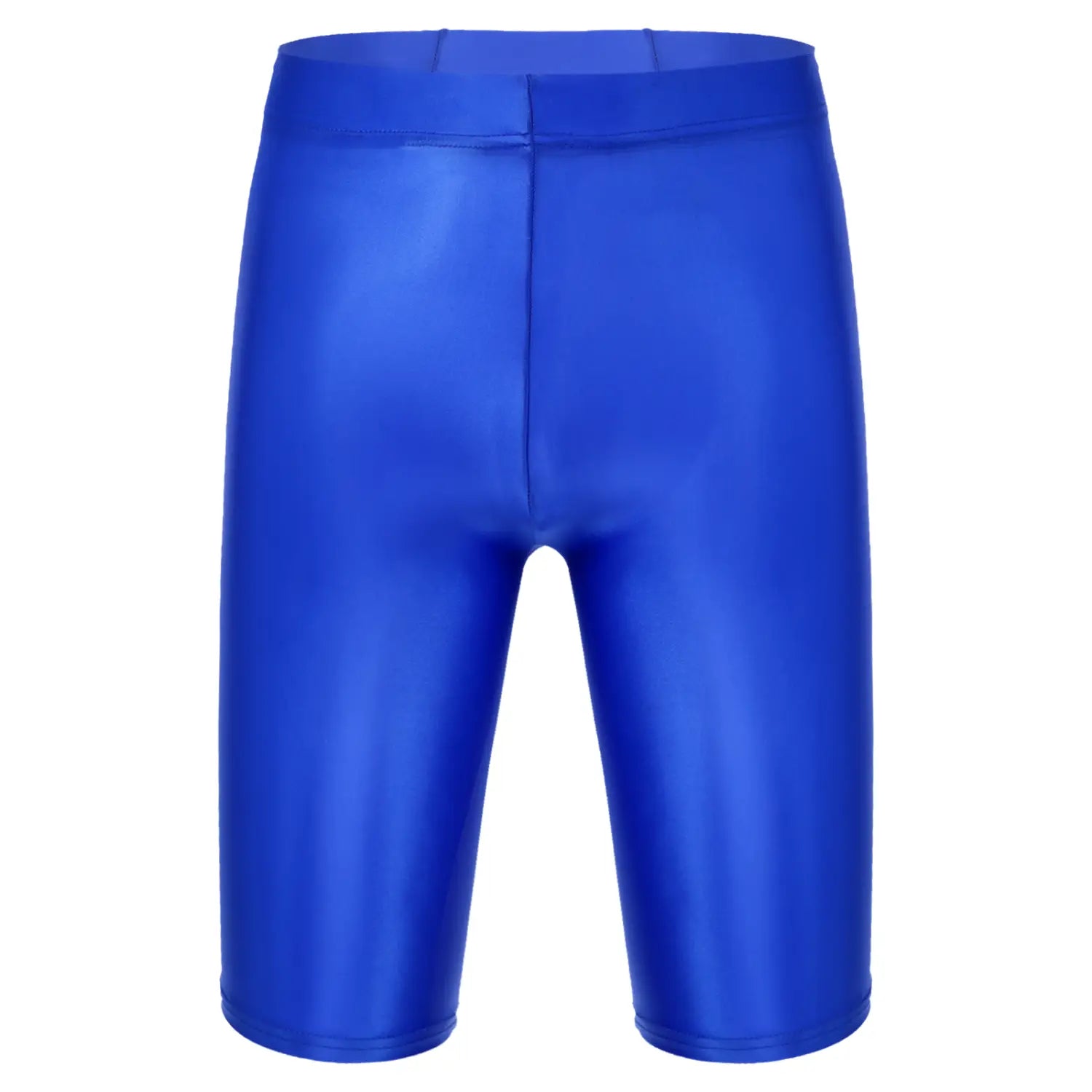 Shorts de baño azules brillantes y ajustados, con cintura alta y material suave, combinados con una camiseta de compresión para hombre de manga larga y acabado brillante