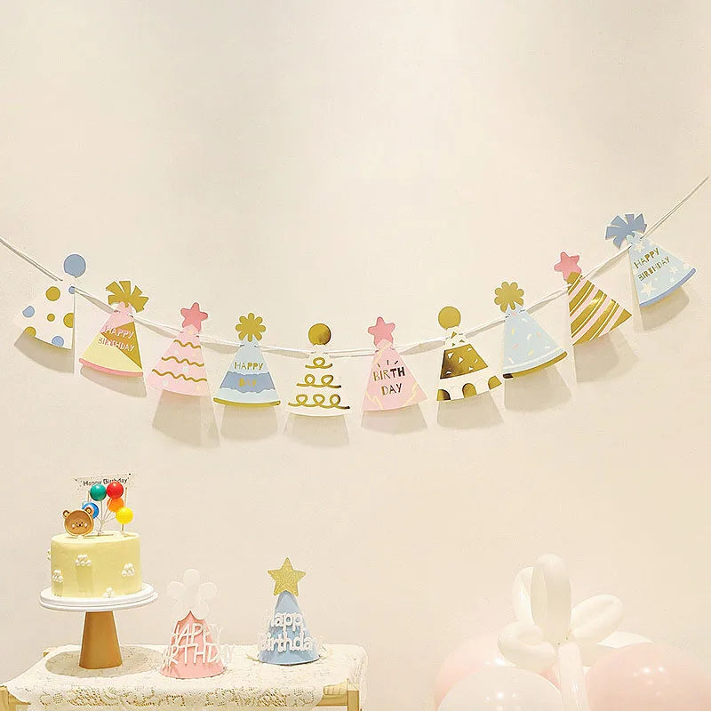 Baby Shower Birthday Hat Flags Children's Day Happy Birthday Party Decorations Photo Props Bunting Banners Fashion Paper Garland