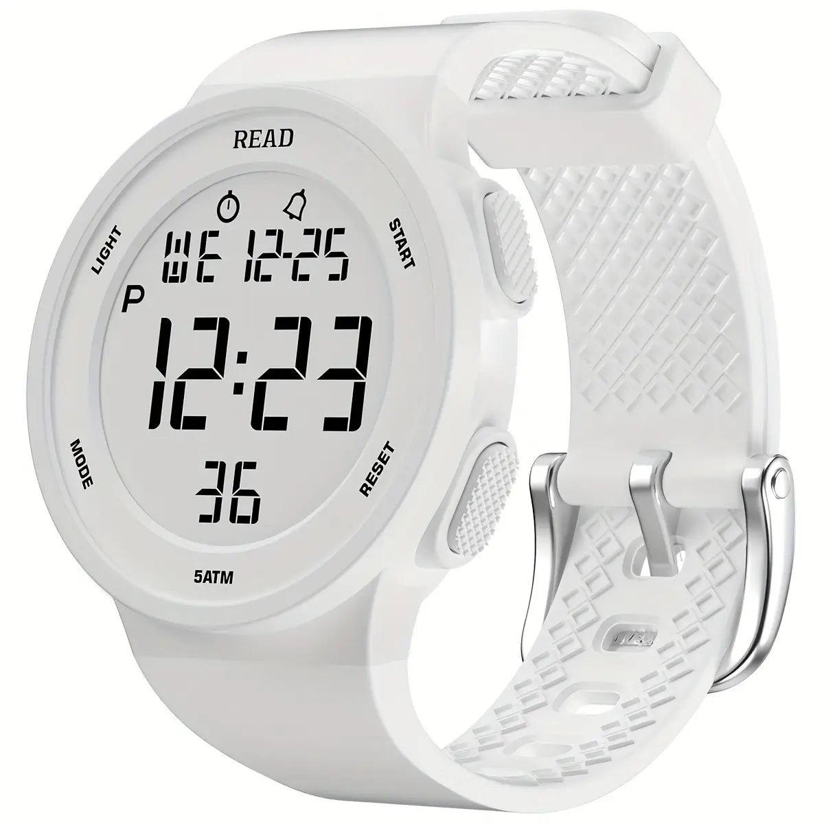White led digital sports watch for women featuring a textured silicone strap and silver-toned buckle designed for waterproof fitness use.