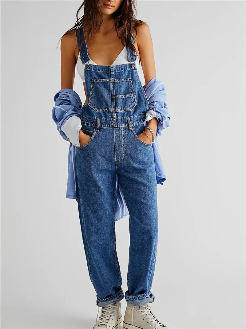 Women Denim Bib Overall Casual Adjustable Strap Denim Jumpsuit Loose Fit Straight Leg Overall Jean Pants Streetwear