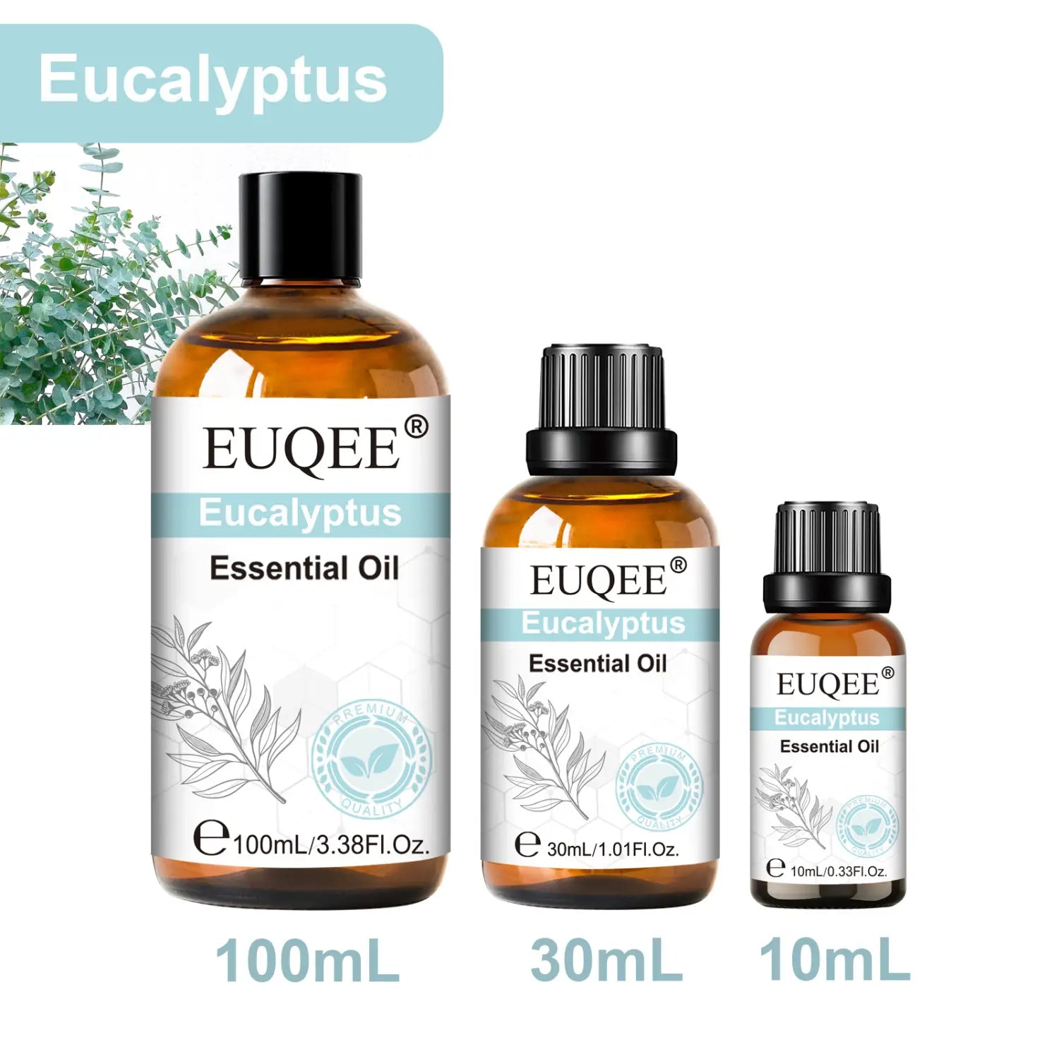 three amber glass bottles of euqee lavender essential oil in 10ml 30ml and 100ml sizes with black caps for pure aromatherapy use