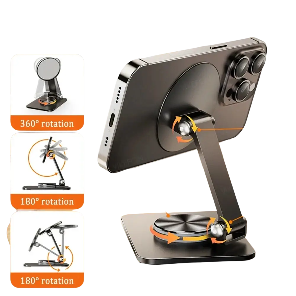 Black folding phone holder with magnetic base and adjustable arm for 360-degree rotation pro max phone stand