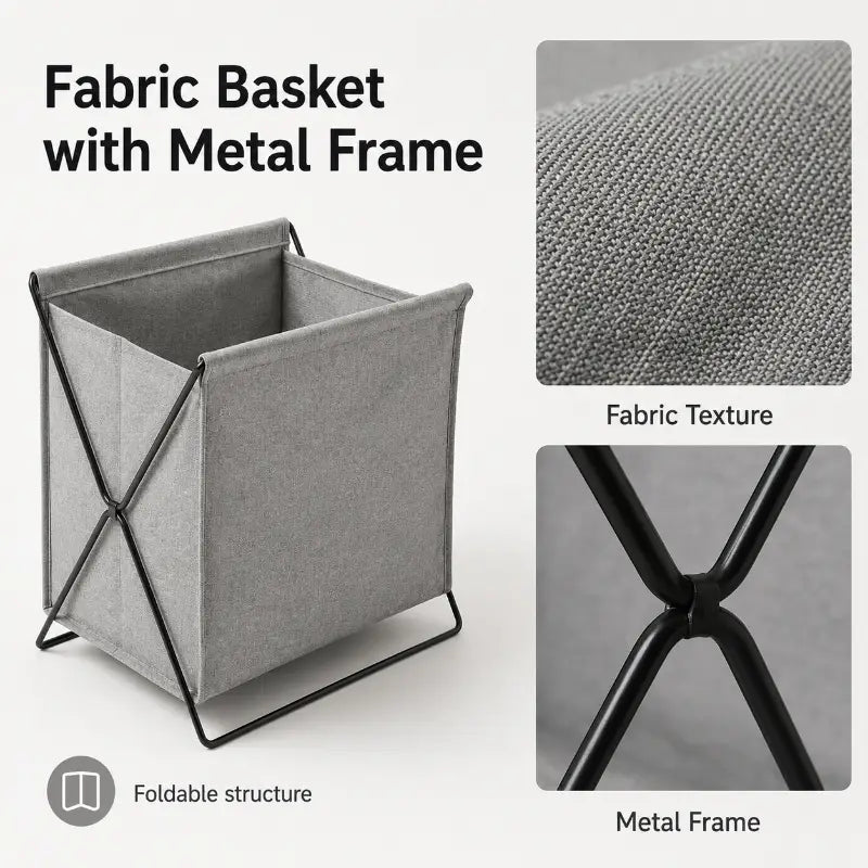 Gray fabric foldable storage basket with a black metal frame designed for organized storage.