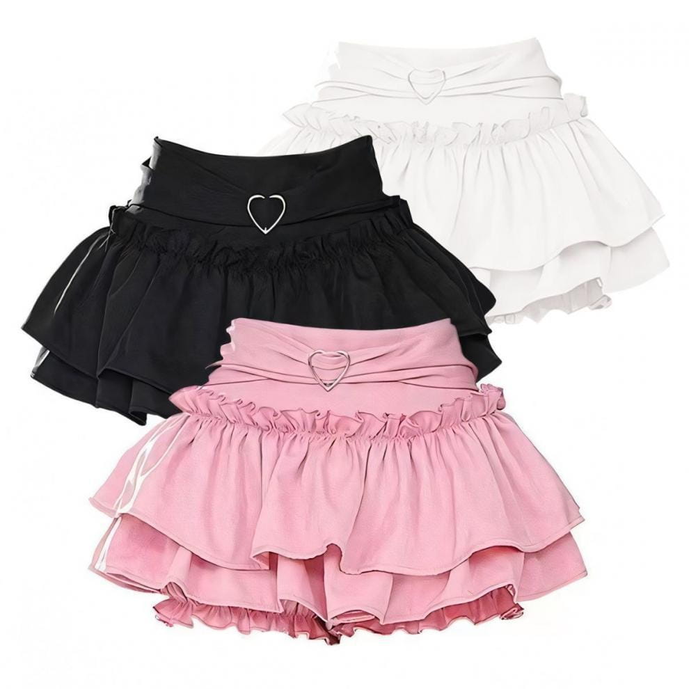 three y2k ruffled high waist mini skirts in black pink and white featuring heart-shaped metal buckles at the waistband