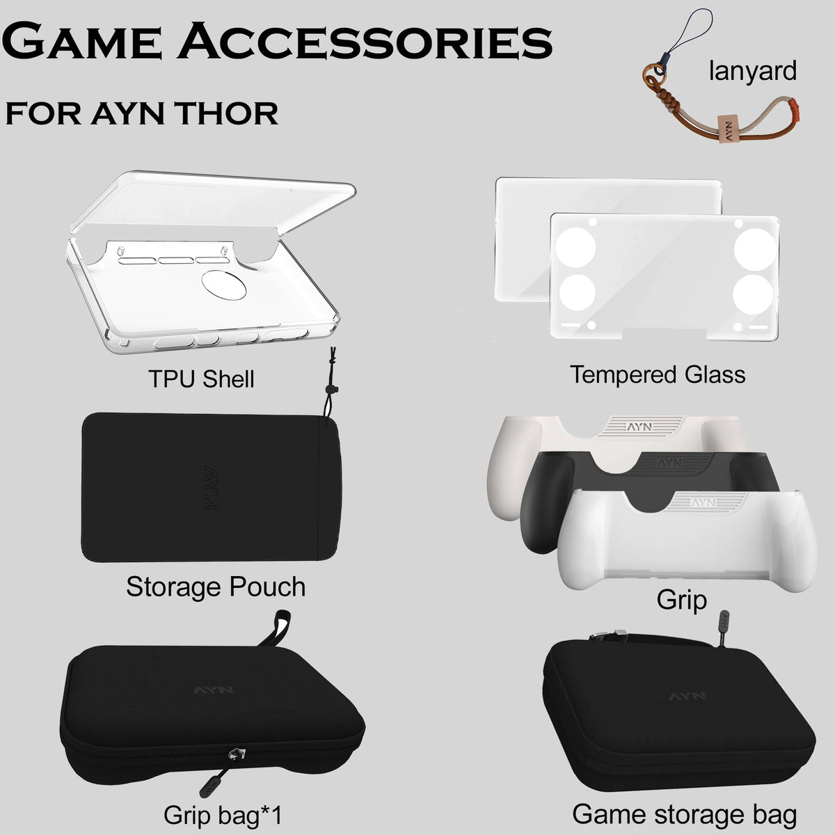 4-in-1 Accessories for AYN THOR Handheld: Tempered Glass Screen Protector, Storage Bag, Protective Shell & More Combo Packs
