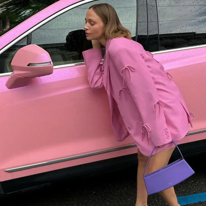 Elegant Women Suit Blazer Top Y2K Fashion INS Autumn Pink Bow Long Sleeve Single Breasted Pocket Jacket Coat Streetwear Outwear