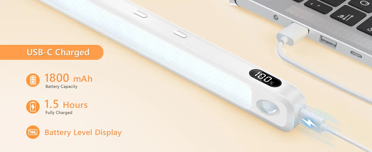 White USB-C powered rechargeable motion sensor LED light bar with sleek slim design and digital battery level display showing 100 percent front view