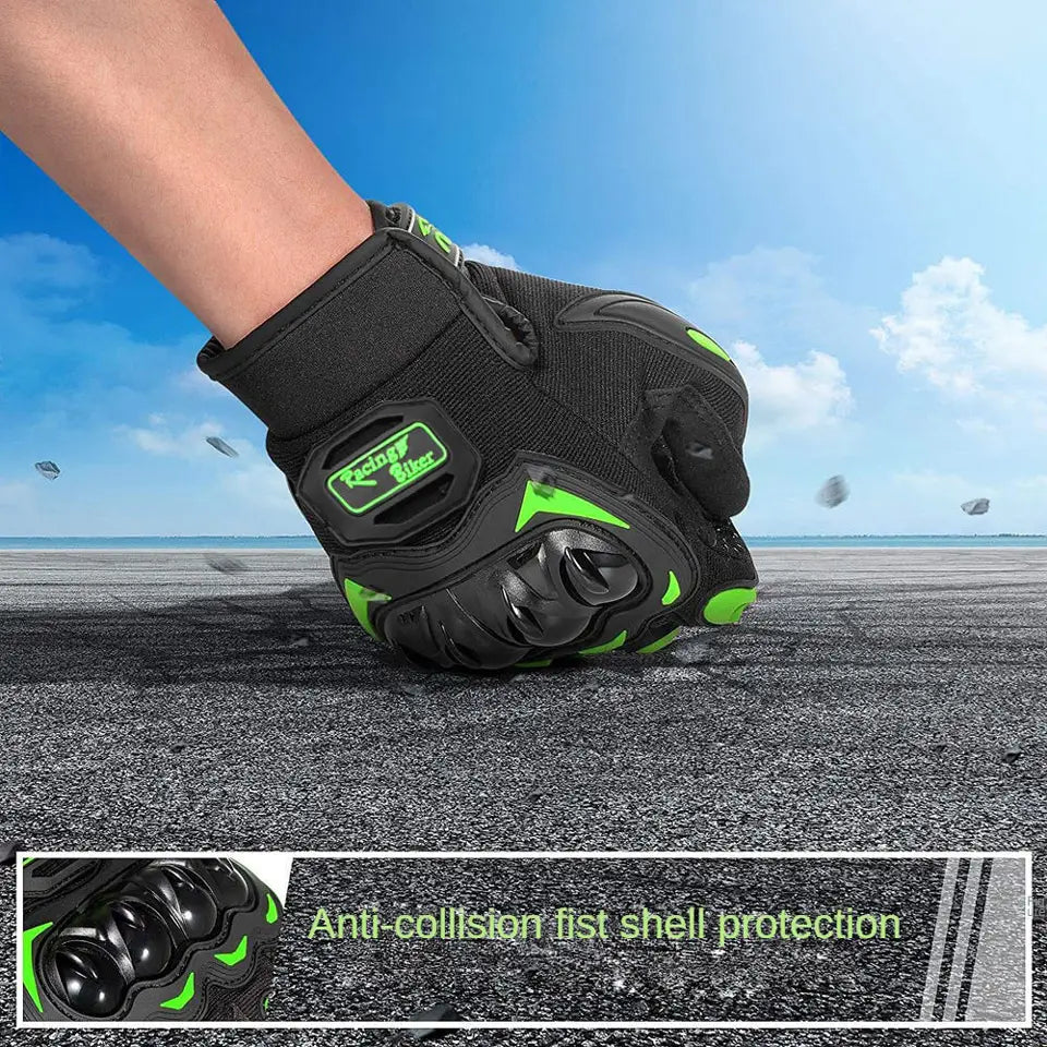 Black and neon green breathable motorcycle racing gloves with reinforced knuckle protection shown from the back side.