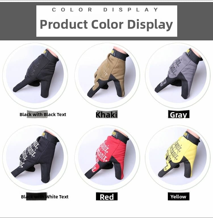 Herren-Fahrradhandschuhe mit vollständigen Fingern aus dem Vollfingerbereich in Schwarz, Khaki, Grau, Rot und Gelb, die die Rückseite zeigen, mit kontrastierendem Text und Akzenten auf der Handrückseite.