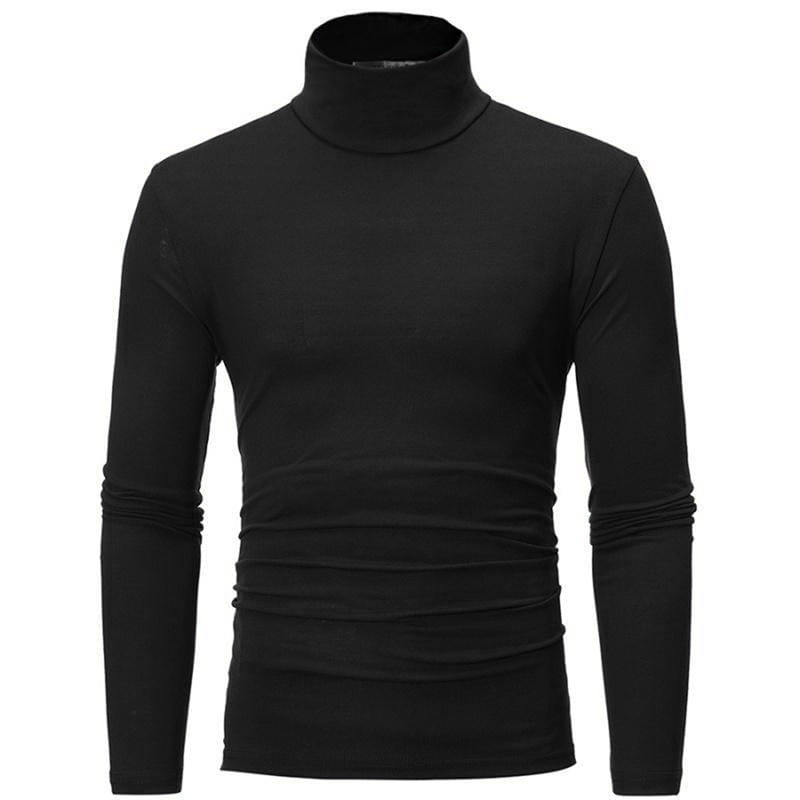 Herren-Thermo-Rollkragenpullover Slim Fit Langarmshirt in Schwarz mit dezentem Raffiendetail im Taillenbereich, gefertigt aus Thermomaterial.