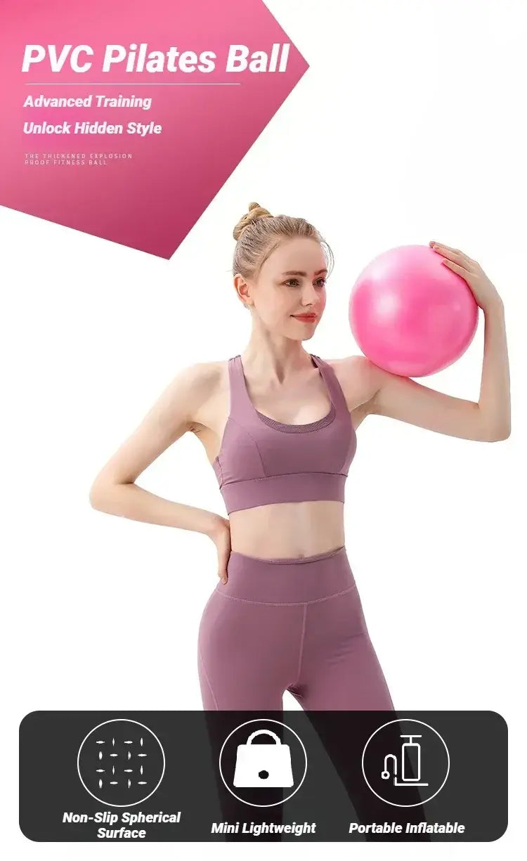 Balle de pilates en PVC rose avec surface sphérique antidérapante, conçue pour l’entraînement avancé et le gonflage portable pour les exercices de yoga et de fitness, à utiliser en intérieur