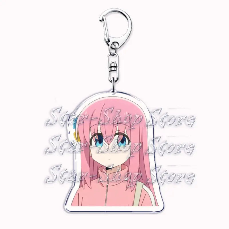 Anime character acrylic keychain featuring a pink-haired Bocchi the Rock design with blue eyes and a pink jacket.