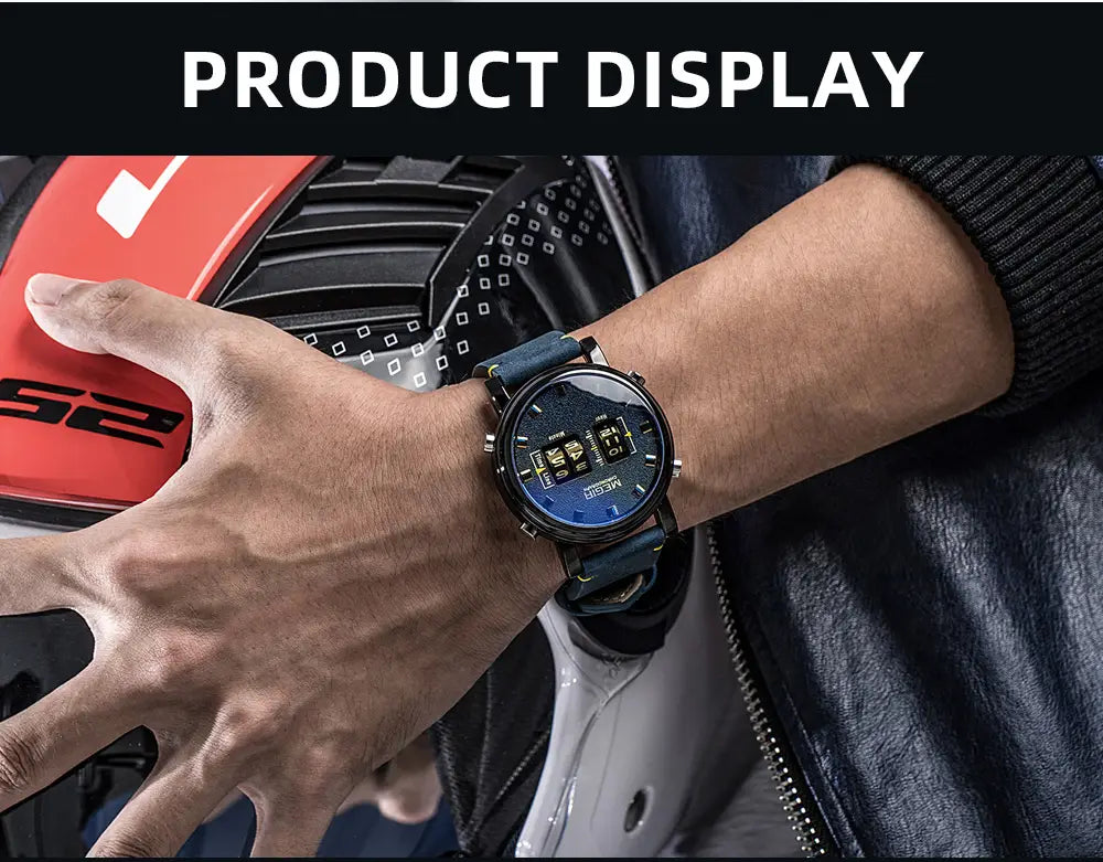 A Megir Military Quartz Watch features a blue digital display with black casing and a dark blue leather strap worn on the wrist.
