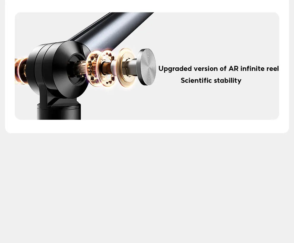 Aluminum alloy tablet and phone floor stand featuring a black and gold mechanical reel with upgraded ar infinite reel design and scientific stability.