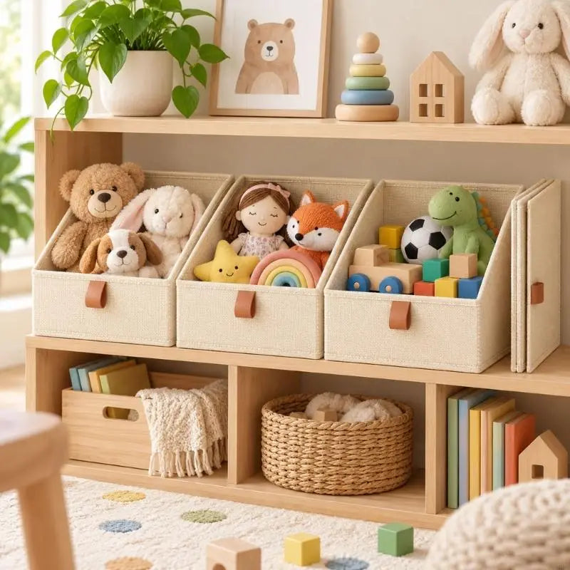beige fabric storage baskets with brown leather-like handles neatly organized on wooden closet shelves package includes six fabric storage bins designed for closet organization