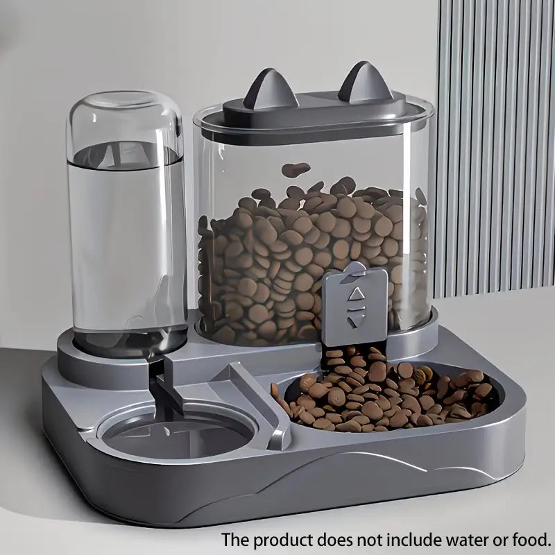 Gray water dispenser and large pet feeder with transparent containers holding brown kibble and water, featuring cat-ear-shaped lids designed for pets.