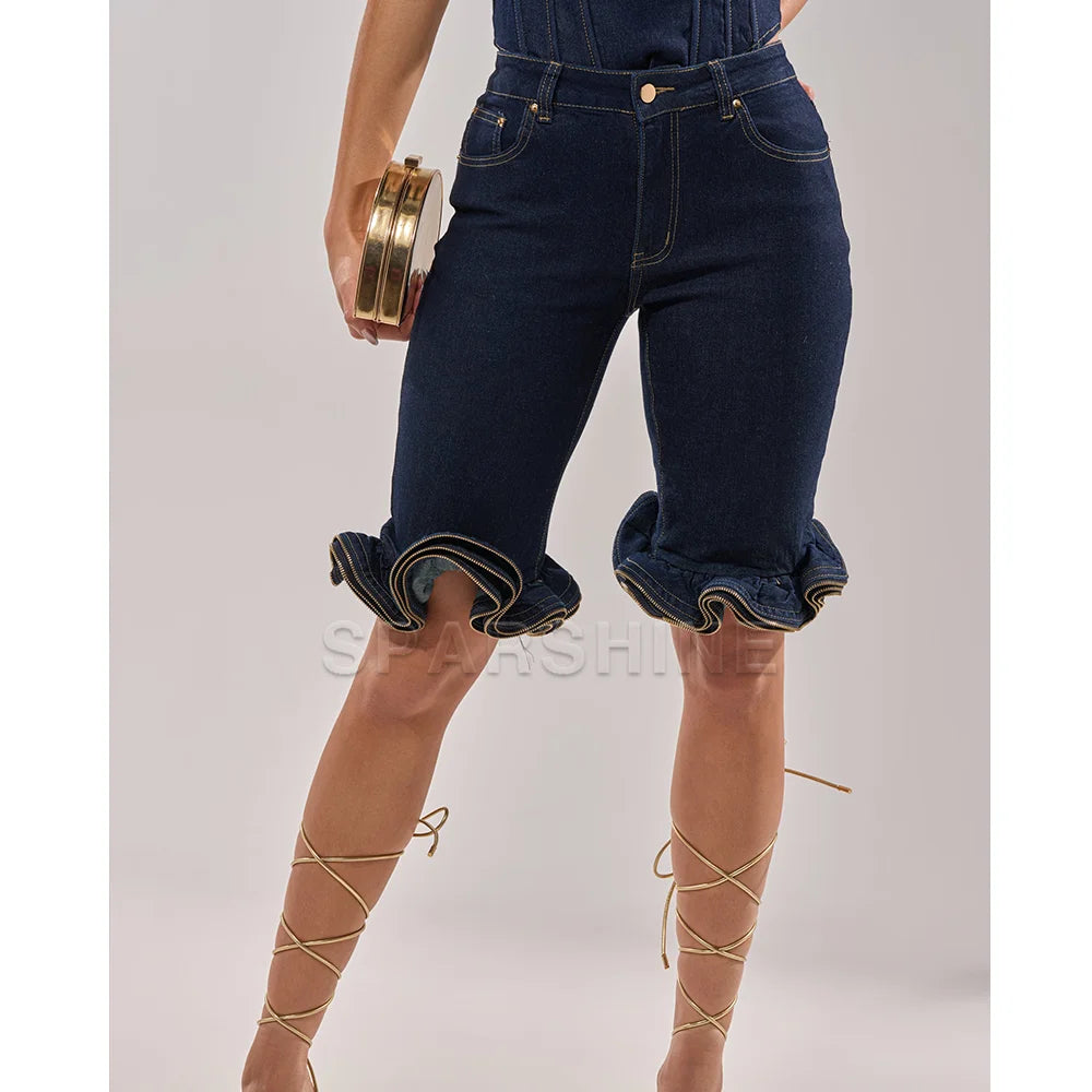Casual High Waist Denim Shorts Women Fashion Ripped Wave Ruffle Hem Slim Fit Jeans Shorts Streetwear Trendy Slimming Shorts
