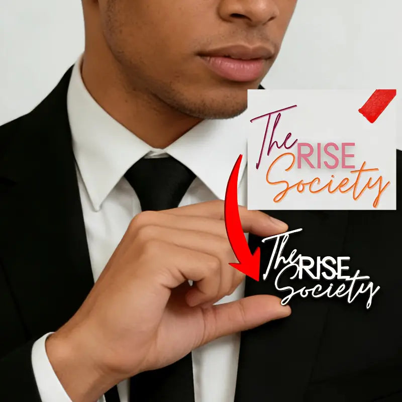The rise society custom signature logo brooch features stylized pink and orange text with a red checkmark accent made from personalized metal pin.