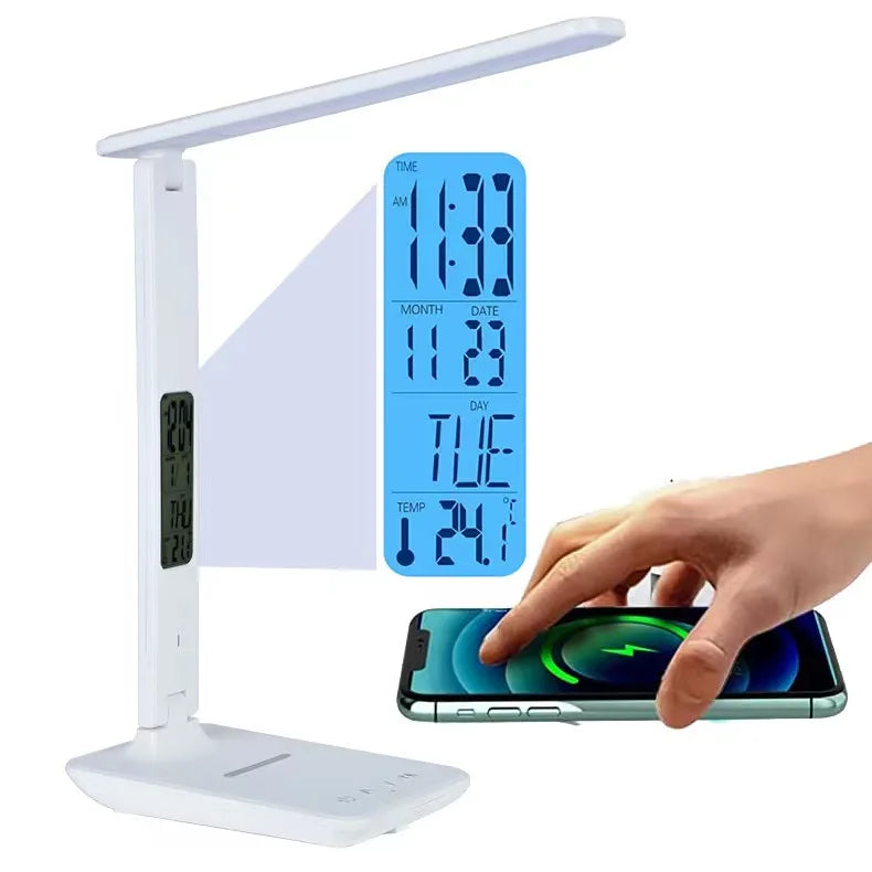 Wireless Charger USB Charging Date Temperature Function Portable Office Desk Lamps LED Table Lamp with Clock Alarm