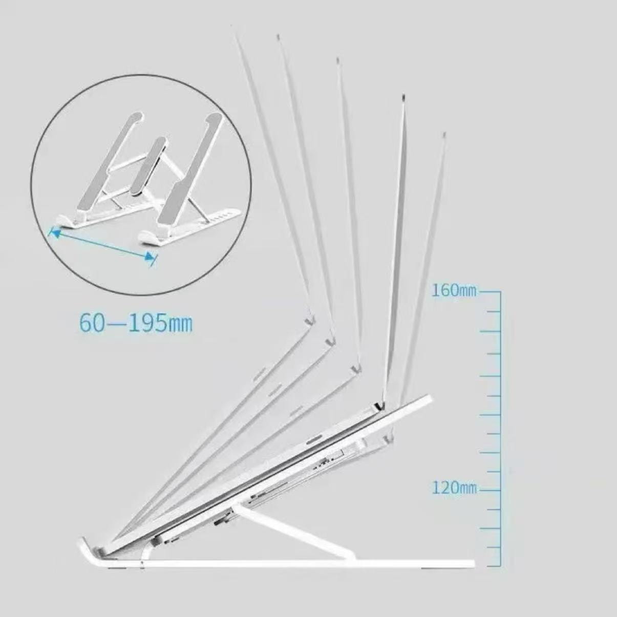 Adjustable foldable white laptop stand with a sleek minimalist design and metallic finish.
