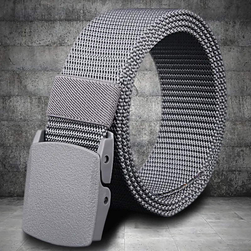Gray mesh mens tactical canvas belt with lightweight matte-finish plastic automatic buckle.