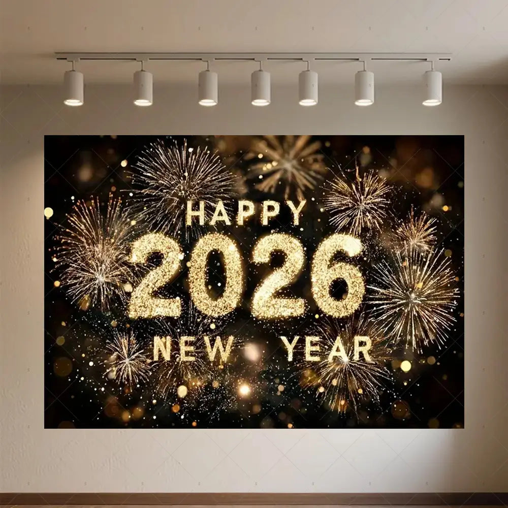 Fond de photographie du Nouvel An, noir et or, à paillettes scintillantes, « 2026 » joyeux en or, avec des feux d’artifice étincelants sur un arrière-plan sombre.