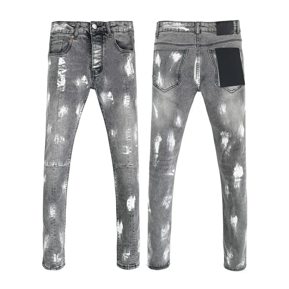 Jeans skinny déchirés pour hommes, effet délavé rétro vintage bleu, montrant le dos : denim gris délavé, effet d’éclaboussures de peinture délavée, et accents de patch noirs sur les poches arrière
