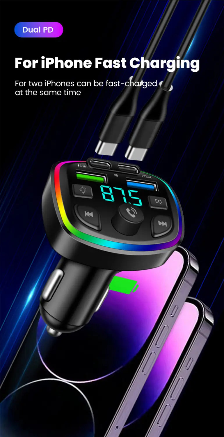 black dual pd bluetooth fm transmitter car charger with colorful rgb led display and multiple usb ports for fast iphone charging
