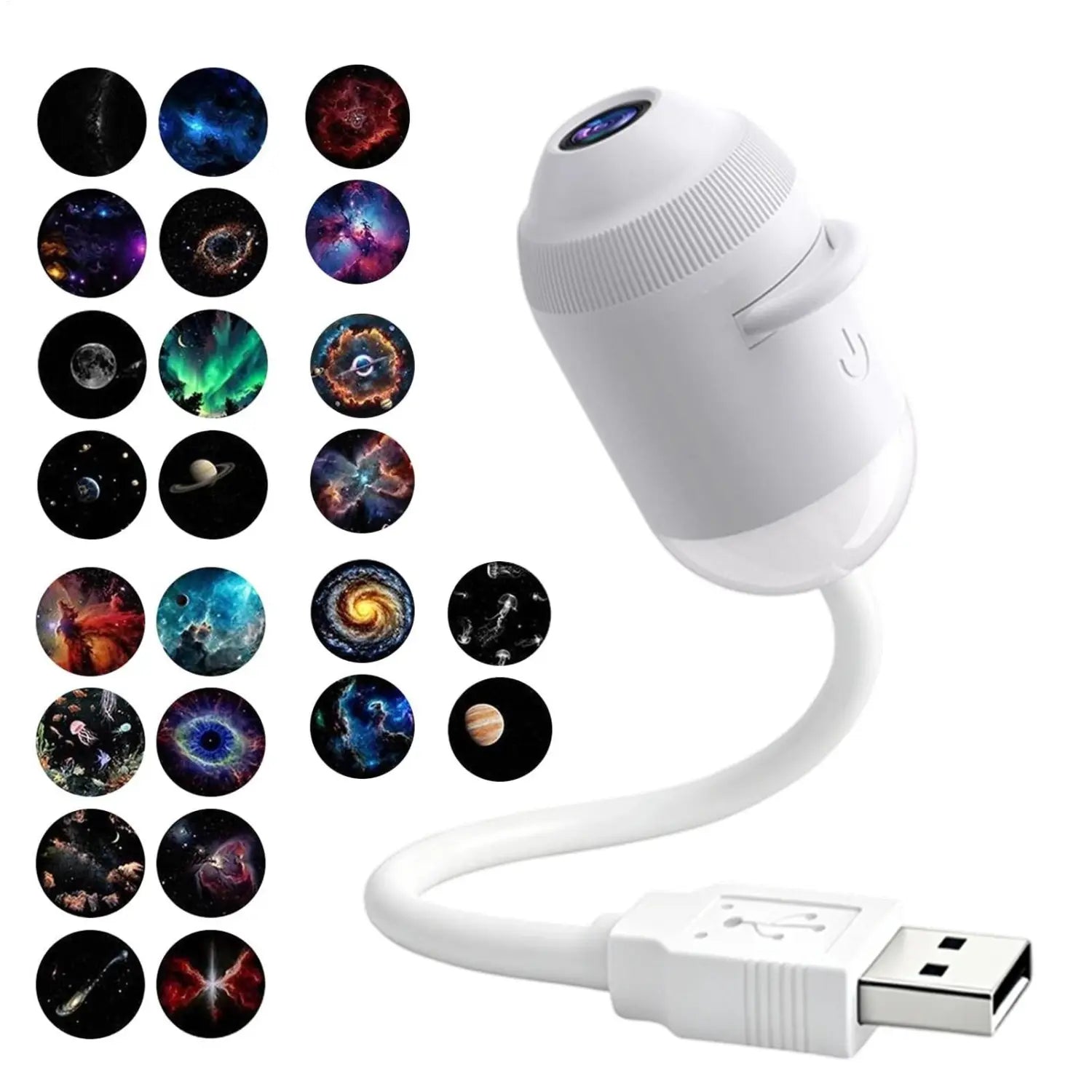 Weiße, per USB betriebene LED-Galaxy-Projektor-Nachtlampe mit flexiblem Hals und 24 kosmosinspirierten Folien für vielseitige Projektion als Nachtlicht.