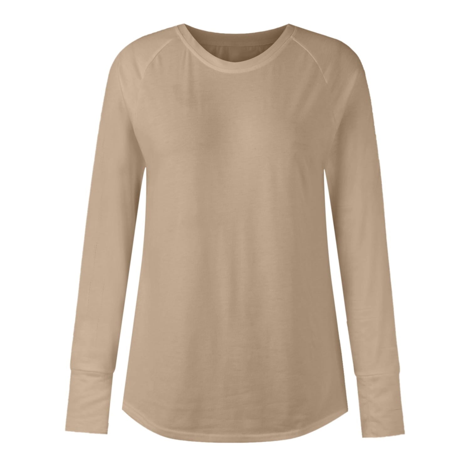 beige long sleeve women cotton tunic top with a relaxed fit and rounded neckline featuring a solid pattern type.