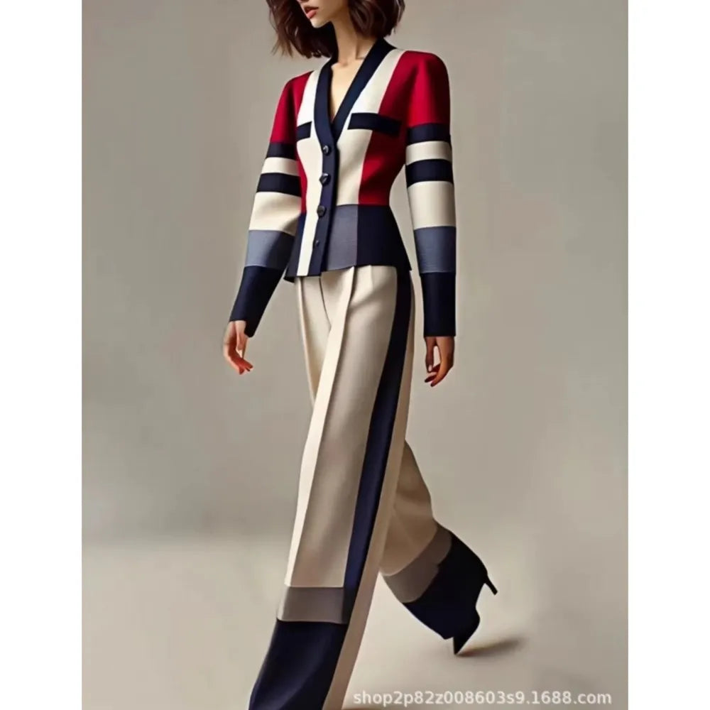Women's Elegant Color Block V-Neck Blazer High Waist Wide Leg Pants 2 Piece Autumn Outfit Luxury Striped Formal Suit Office Suit