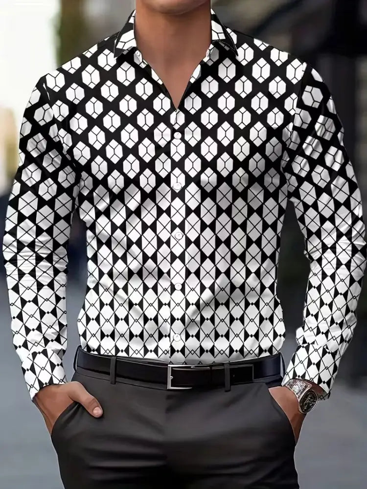 black and white geometric-patterned gold fleck men’s casual long-sleeve button-down shirt made of lightweight fabric ideal for everyday wear