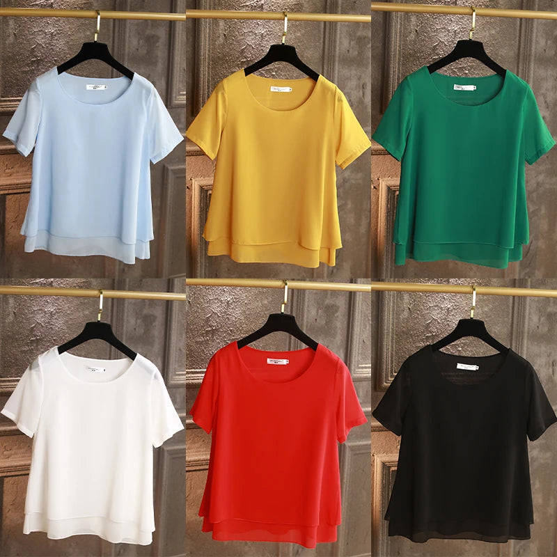 Fashion Women Chiffon Blouses Ladies Tops Short Sleeve O Neck Shirt Blusas Femininas Female Work Shirts Blusas Mujer De Moda