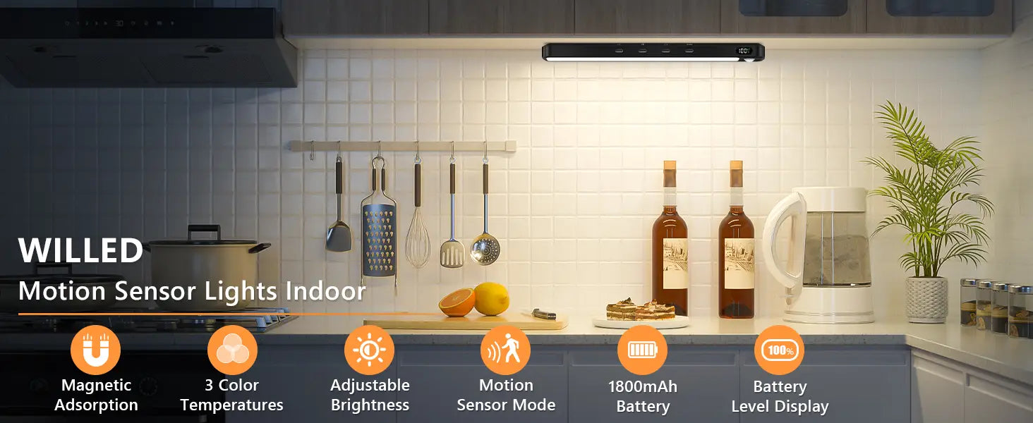 The sleek black motion sensor light bar made of iron sheet is mounted above the kitchen counter as a rechargeable under cabinet light.