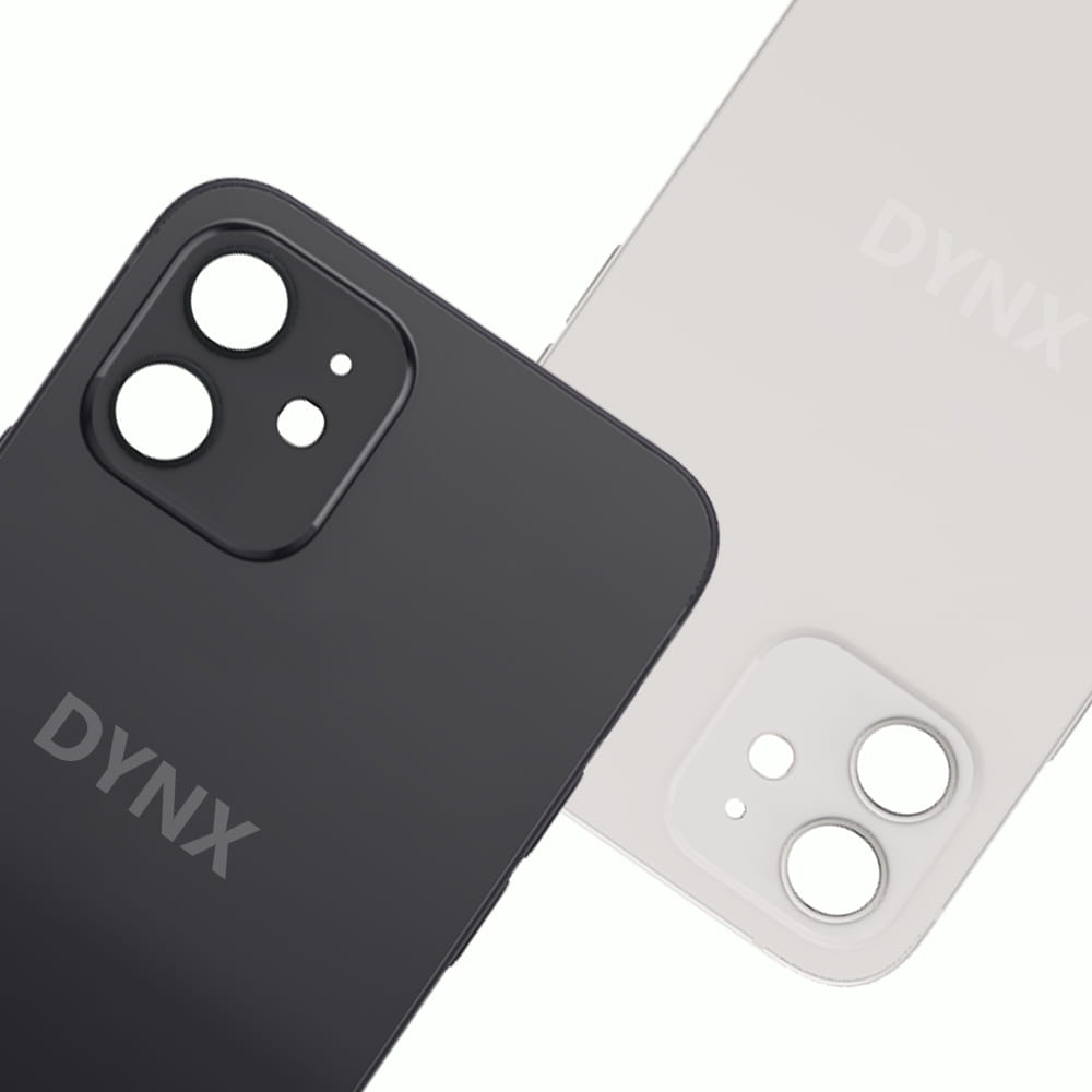 Black and white dynx Iphone 12 glass battery replacement back covers with a sleek minimalist design and precise camera cutouts.