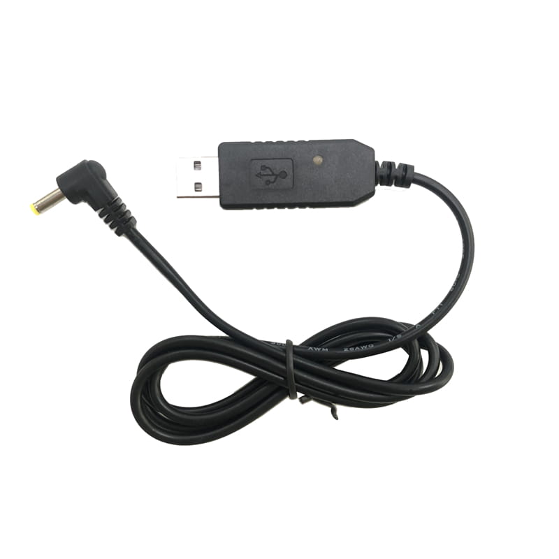 black usb charging cable with a right-angle barrel connector for uv10r walkie talkie use