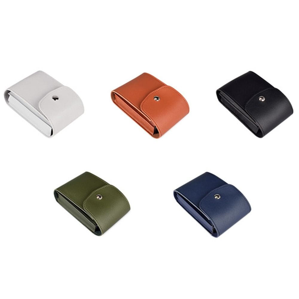 Compact minimalist pu leather digital storage bag with smooth texture, single snap button closure, clean modern design, and available in white, tan, black, olive green, or navy blue.