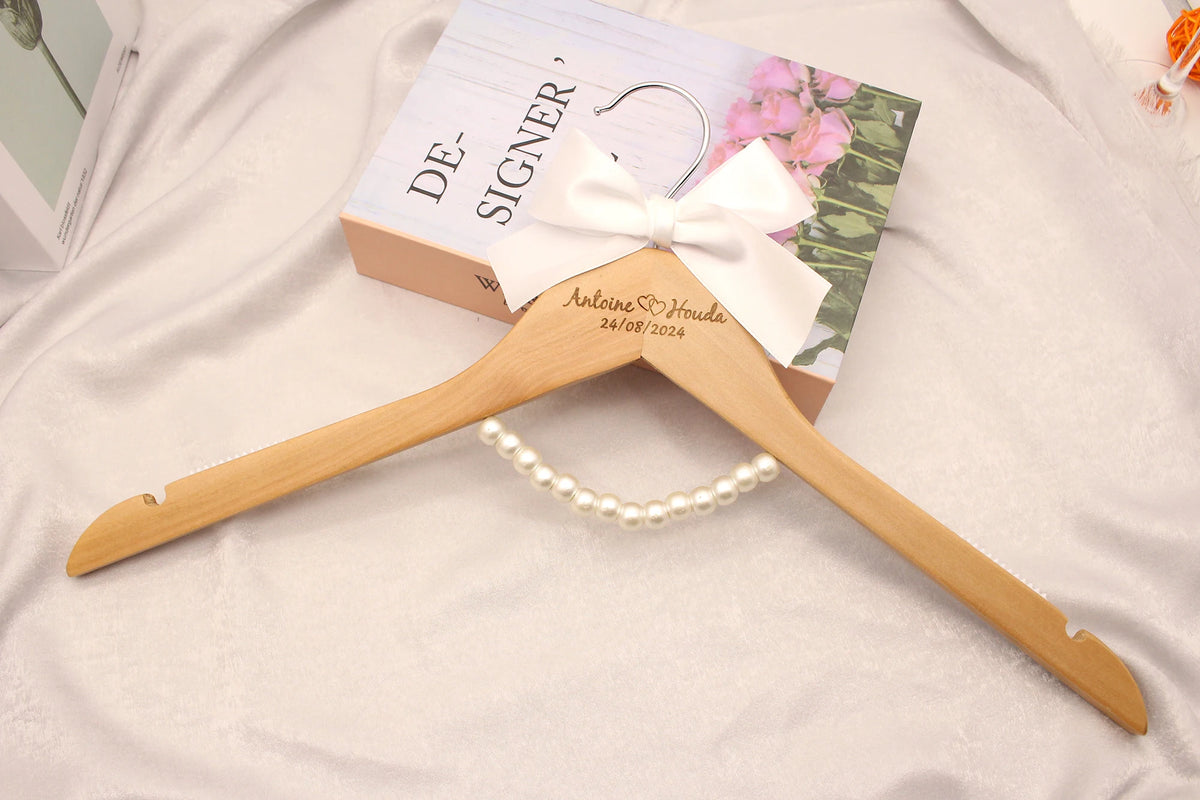 Personalised Wedding Hanger Custom Wedding Dress Hanger Bridal Hanger Engraved Names and Date Wooden Hanger Bridal Shower Gifts