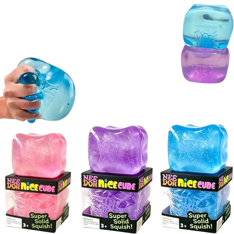 Nee doh nice big cube shape fidget toy in translucent blue purple and pink viewed from the front angle