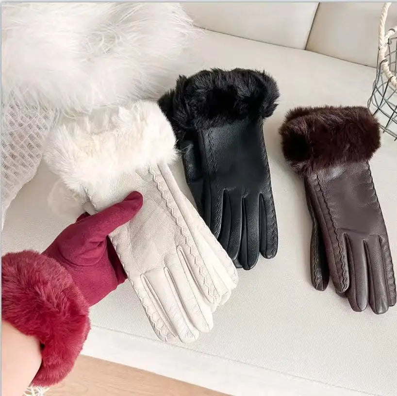Leather Gloves for Women in Winter, Thickened To Keep Warm and Prevent Cold Hair. Leather Gloves for Women